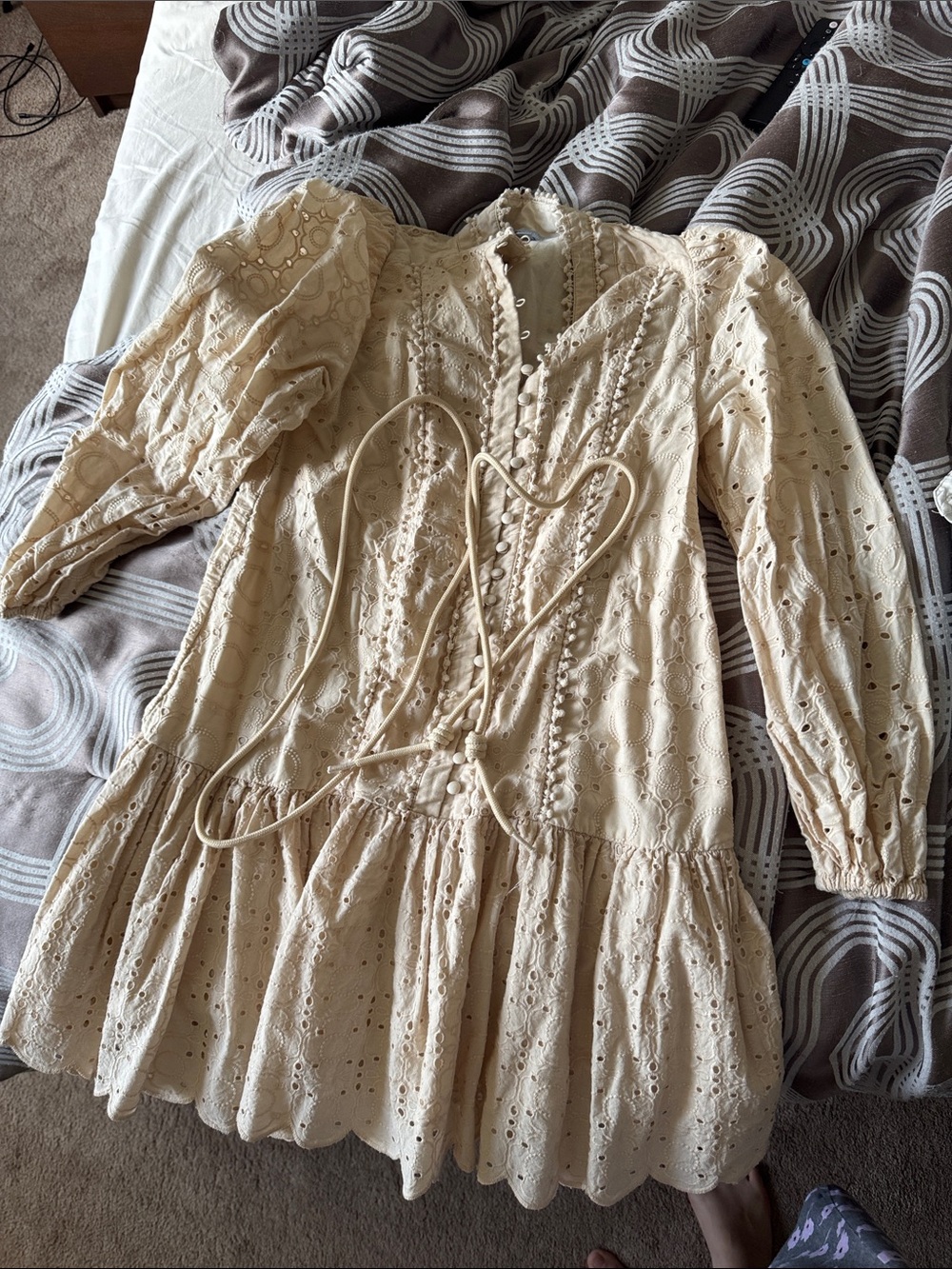 ANTONIO MELANI Cream Eyelet Lace Tiered Dress with Button Detail